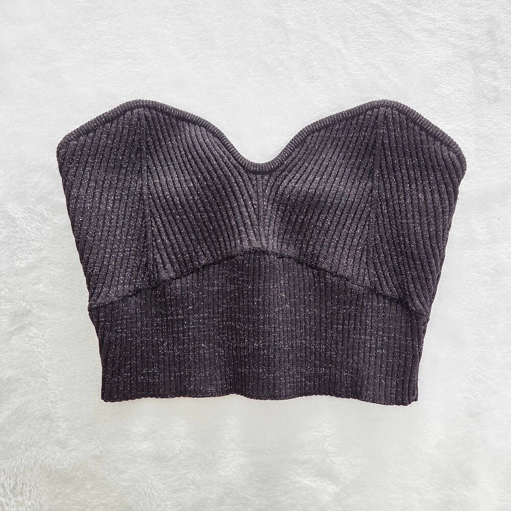 Forever‎ 21 Sparkly Ribbed Bustier Top Large Black Tube Top Y2K Club Crop Rave